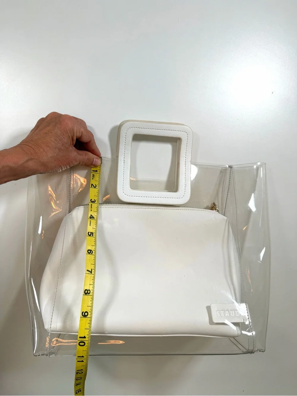 STAUD Shirley Clear PVC Tote White Leather Pouch Transparent Designer Bag